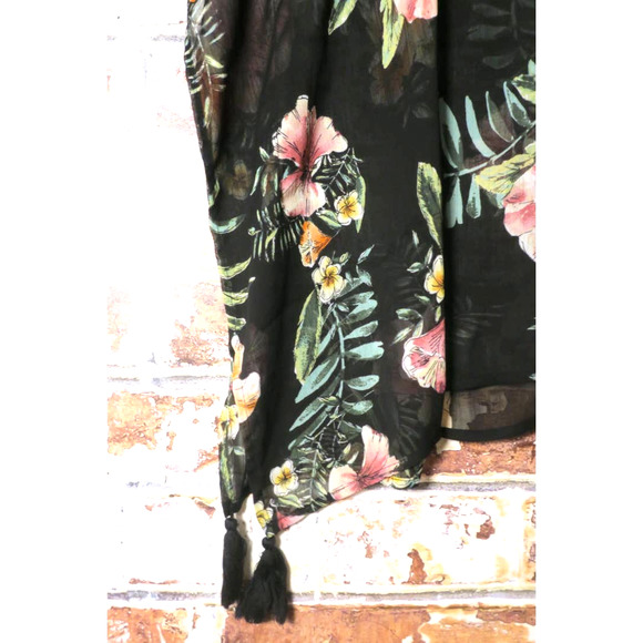 Kona Sol Tropical Print Sheer Lattice Back Tassel Hem Detail Kaftan Cover Up - Picture 4 of 9